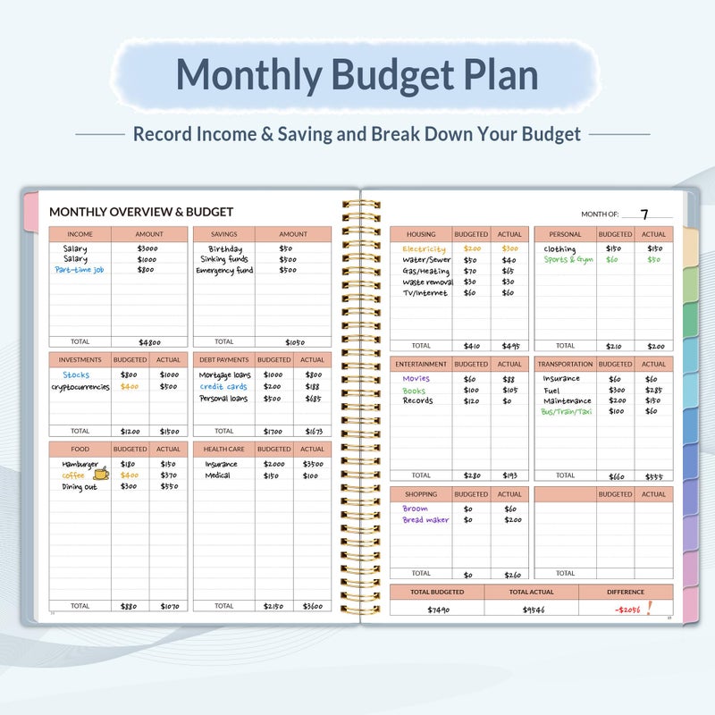 SUNEE Budget Planner - Monthly Budget Book with Expense Tracker Notebook, A4(8.5"" x 11"") Undated 12 Month Bill Organizer & Finance Planner to Manage Your Money, Account Book with Colorful Tab, Blue - Image 3